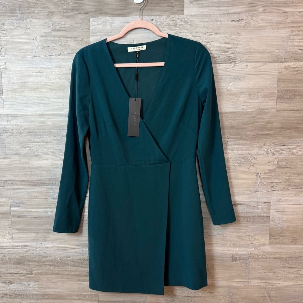 NWT Halston Heritage V-Neck Wrap Front Mini Dress in Dark Spruce - Size 4